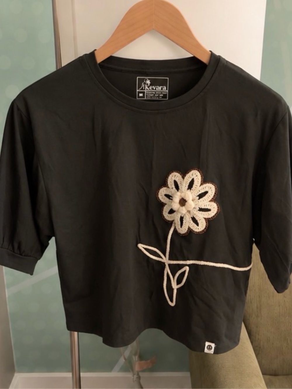 Kevara Women's Short Sleeve Top with Crochet Flower